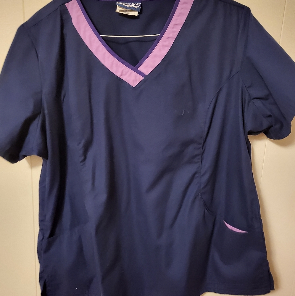 Navy Blue with purple accent scrub top
